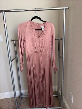 H&M Dusty Rose Satin Midi Dress with V-Neck